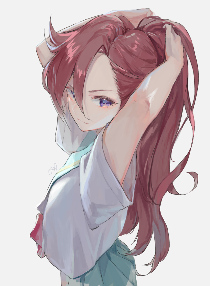 1girl, aozora_middle_school_uniform, aqua_sailor_collar, aqua_skirt, arms_up, baicha_oqqa, bangs, blue_eyes