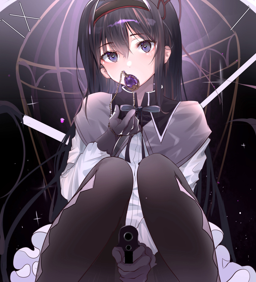 1girl, absurdres, akemi_homura, bangs, between_legs, black_goats, black_hair, black_hairband, black_legwear, capelet, dress_shirt, eyebrows_visible_through_hair, gem, gloves, grey_capelet, grey_gloves, grey_ribbon, gun, hair_between_eyes, hair_ribbon, hairband, hand_between_legs, highres, holding, holding_gun, holding_weapon, long_hair, long_sleeves, looking_at_viewer, mahou_shoujo_madoka_magica, neck_ribbon, pantyhose, red_ribbon, ribbon, shiny, shiny_hair, shirt, sitting, solo, soul_gem, very_long_hair, violet_eyes, weapon, white_shirt