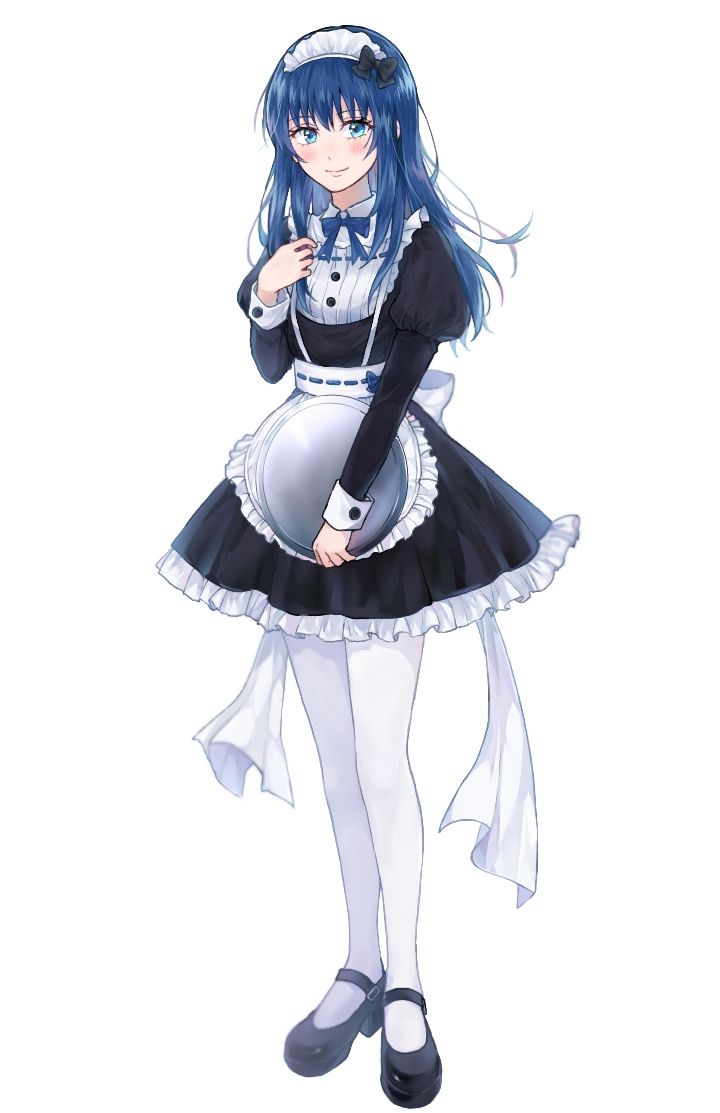 1girl, alternate_costume, apron, bangs, black_bow, black_dress, black_footwear, blue_eyes