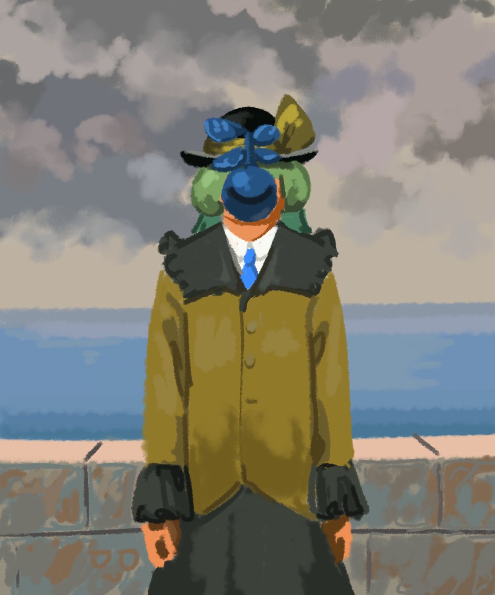 1girl, :s, bangs, black_headwear, black_skirt, blue_neckwear, brick_wall, clouds