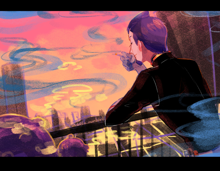 1boy, against_fence, black_jacket, building, cigarette, cityscape, closed_eyes, closed_mouth