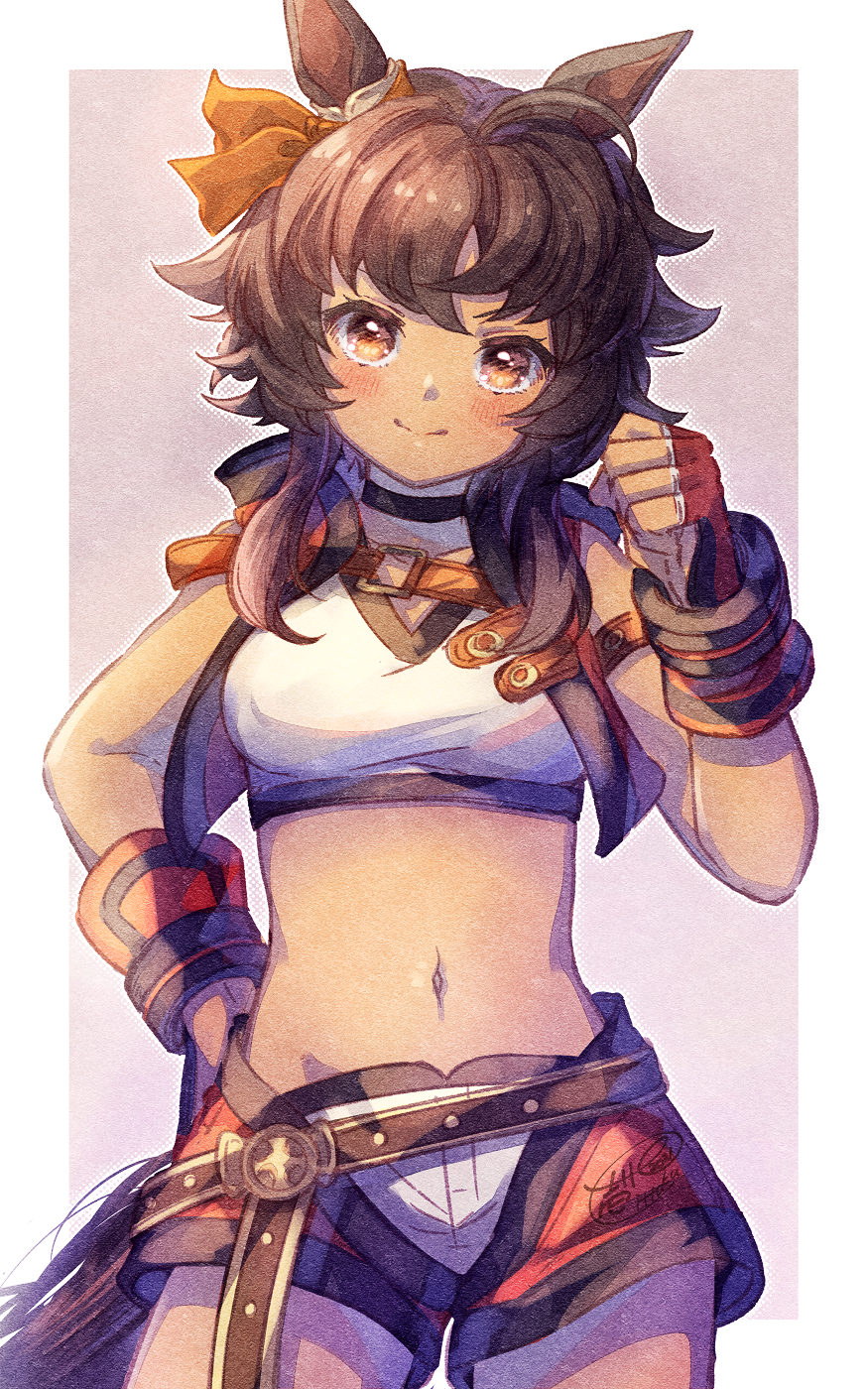1girl, ahoge, animal_ears, bangs, bitter_glasse_(umamusume), blush, breasts, brown_eyes