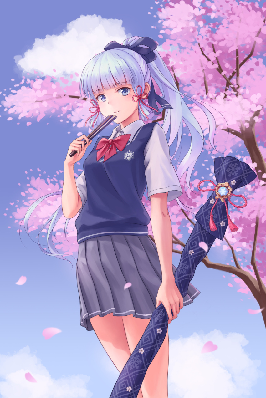 1girl, absurdres, bangs, blue_eyes, blunt_bangs, cardigan, cherry_blossoms, genshin_impact
