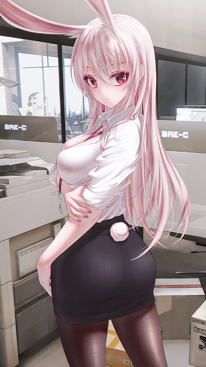1girl, animal_ears, ass, bae.c, bangs, black_skirt, box, breasts