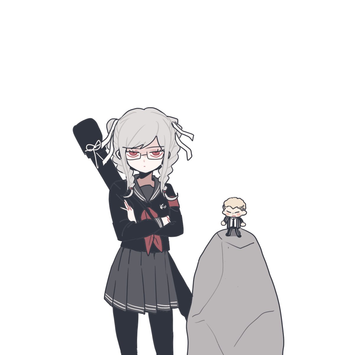1boy, 1girl, bangs, black_jacket, black_legwear, black_serafuku, black_shirt, blonde_hair, blush_stickers, braid, closed_mouth, crossed_arms, danganronpa_(series), danganronpa_2:_goodbye_despair, eyebrows_visible_through_hair, frown, gamhwa, glasses, grey_hair, grey_sailor_collar, grey_skirt, hair_ribbon, highres, jacket, kuzuryuu_fuyuhiko, long_hair, long_sleeves, looking_at_viewer, miniboy, neckerchief, pantyhose, pekoyama_peko, pleated_skirt, red_armband, red_eyes, red_neckwear, ribbon, sailor_collar, school_uniform, serafuku, shirt, short_hair, simple_background, skirt, standing, twin_braids, white_background, white_ribbon