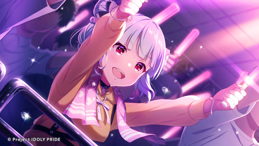 1girl, aqua_hair, bangs, blush, ceiling, choker, concert, crowd, cygames, flying_sweatdrops, glowstick, highres, hyodou_shizuku, idoly_pride, light_stick, lights, long_sleeves, multiple_persona, official_art, open_mouth, outstretched_arms, railing, red_eyes, shiny, shiny_hair, sweat, towel, twintails