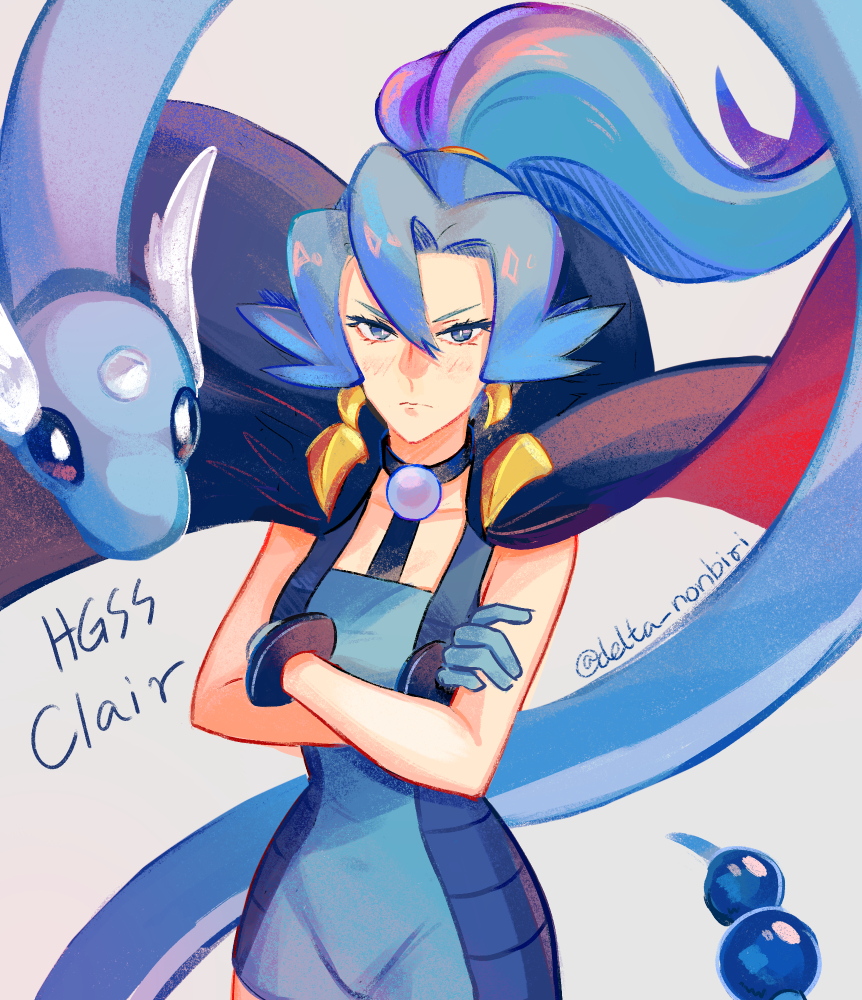 1girl, bangs, bare_arms, blue_bodysuit, blush, bodysuit, cape, character_name, choker, clair_(pokemon), closed_mouth, commentary_request, copyright_name, crossed_arms, delta_nonbiri, dragonair, earrings, eyelashes, floating_cape, floating_hair, frown, gen_1_pokemon, gloves, grey_background, hair_between_eyes, jewelry, light_blue_hair, long_hair, pokemon, pokemon_(creature), pokemon_(game), pokemon_hgss, ponytail, tied_hair