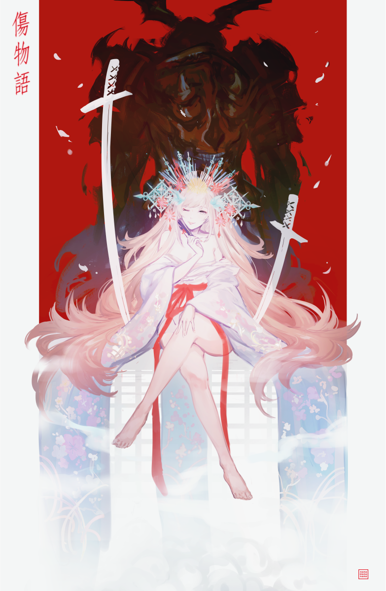 1girl, bakemonogatari, bangs, bare_shoulders, barefoot, blonde_hair, character_request, closed_mouth