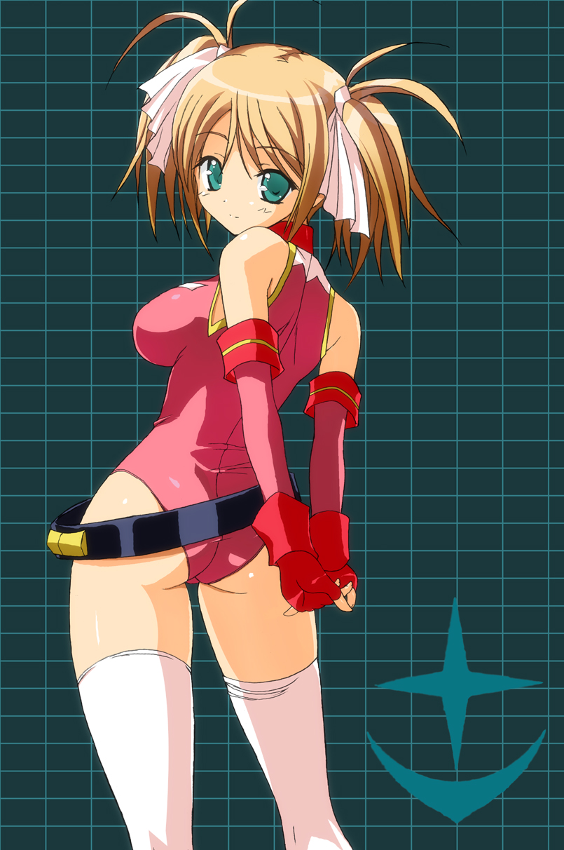 belt, beltskirt, blonde_hair, fingerless_gloves, gloves, gundam, gundam_card_builder, highres