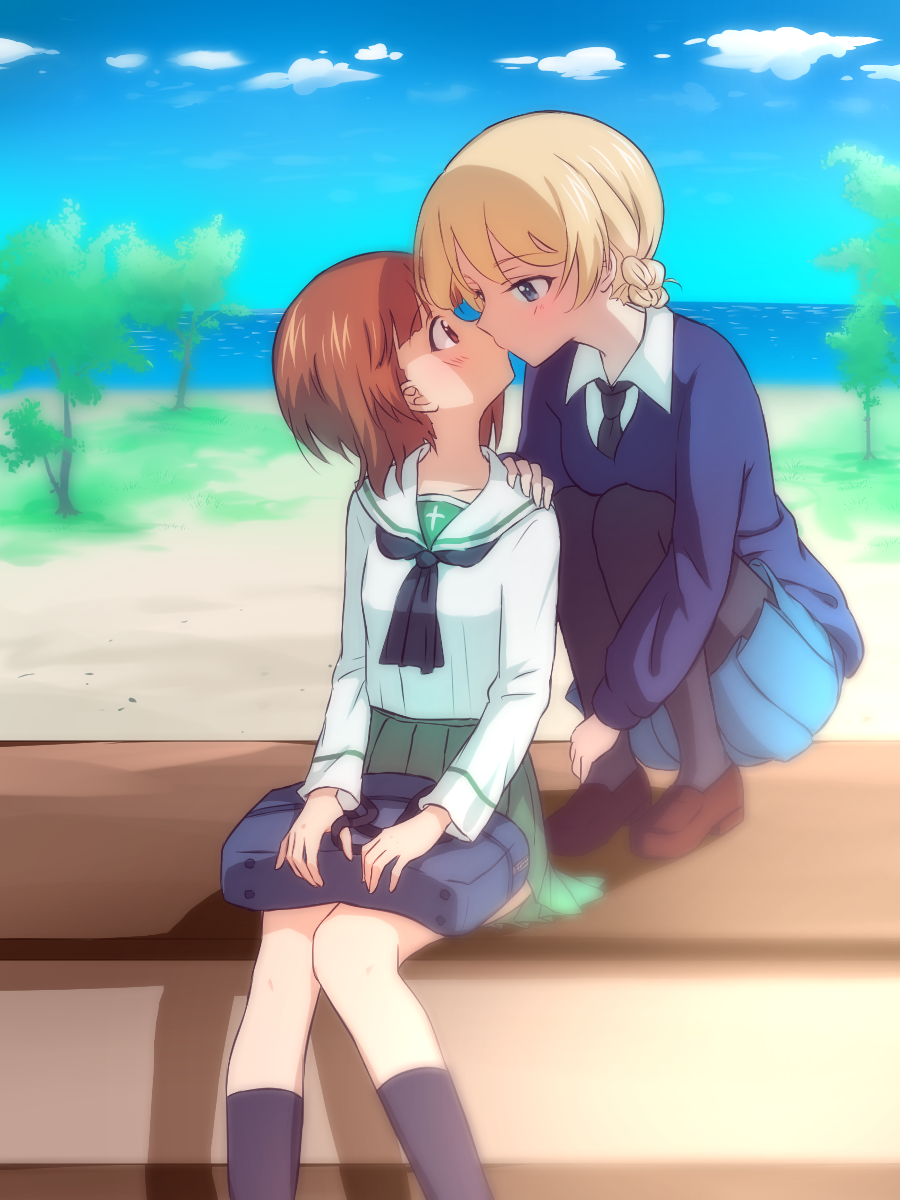 2girls, bag, bangs, black_legwear, black_neckwear, blonde_hair, blouse, blue_eyes