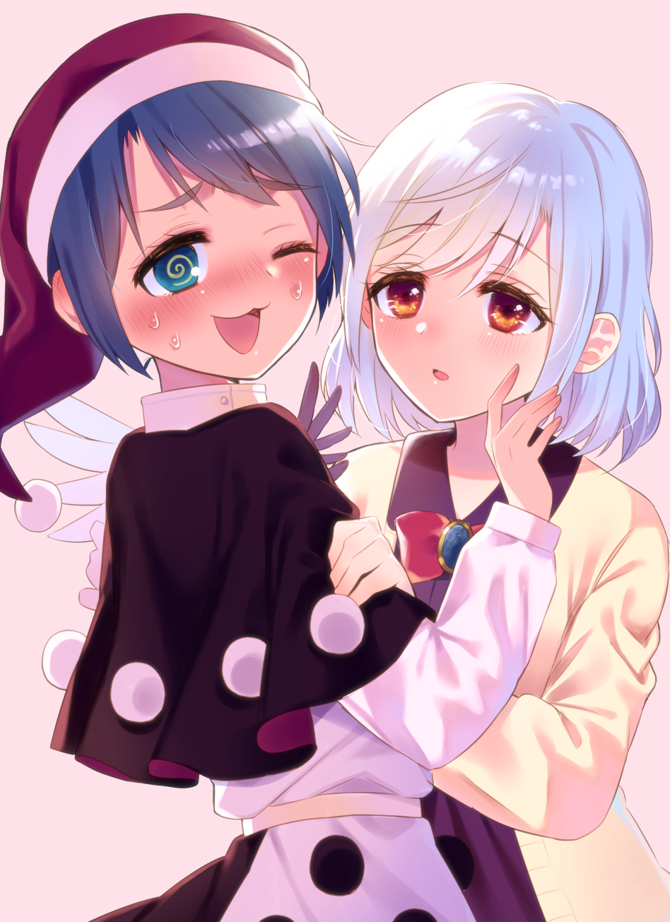 2girls, @_@, angel_wings, beige_jacket, black_capelet, blue_eyes, blue_hair, blush