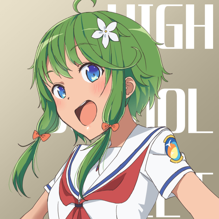 1girl, badge, blue_eyes, brown_background, copyright_name, dark-skinned_female, dark_skin, flower