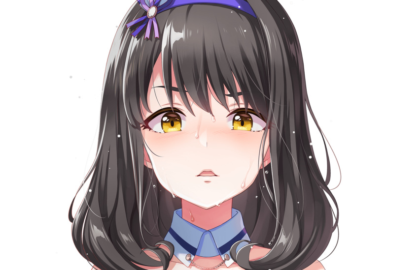 1girl, bangs, black_hair, blush, close-up, collar, collarbone, curly_hair