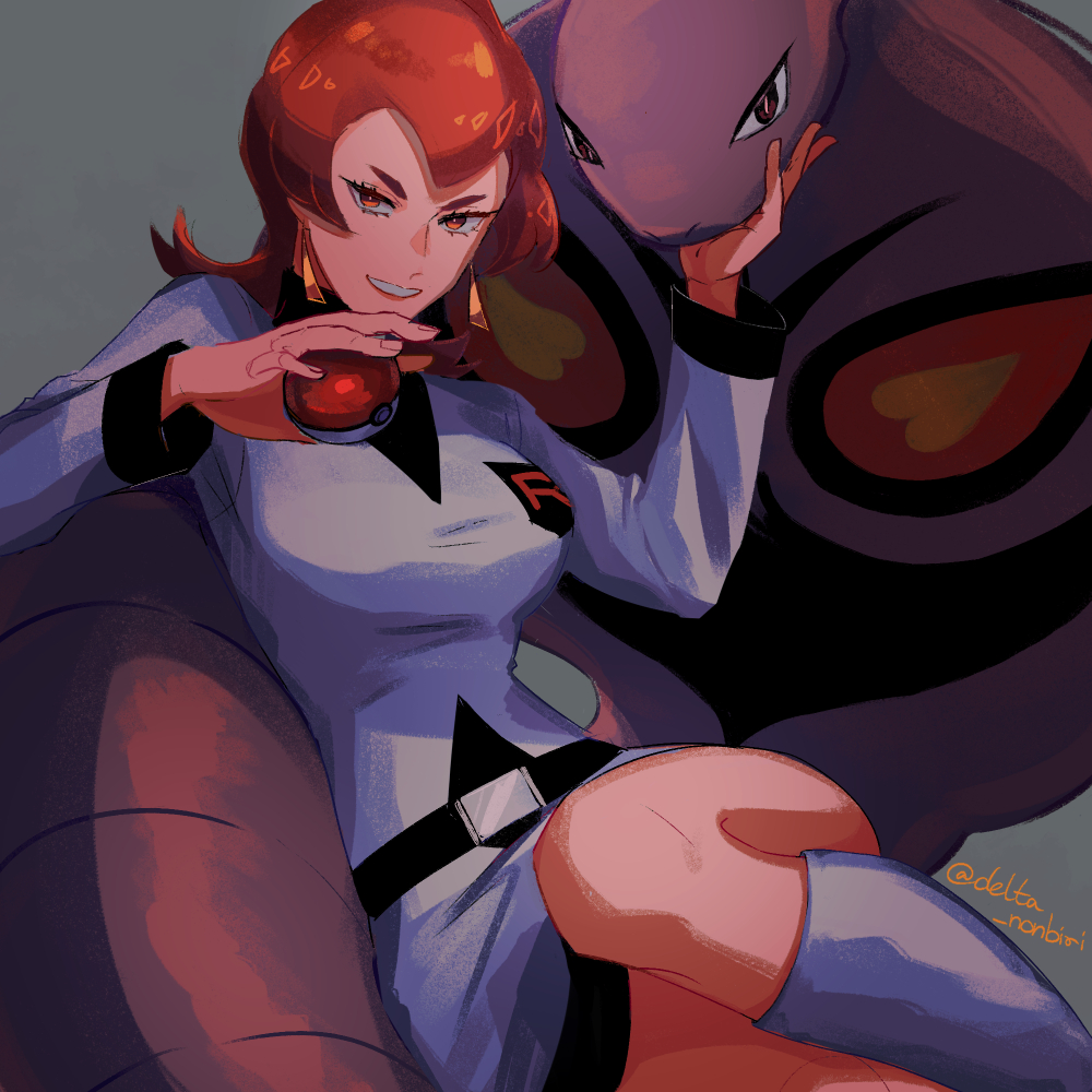 1girl, arbok, ariana_(pokemon), bangs, belt, belt_buckle, black_belt, boots, buckle, commentary, delta_nonbiri, earrings, eyelashes, gen_1_pokemon, grey_background, hands_up, holding, holding_poke_ball, jacket, jewelry, long_hair, long_sleeves, looking_at_viewer, orange_eyes, orange_hair, poke_ball, poke_ball_(basic), pokemon, pokemon_(creature), pokemon_(game), pokemon_hgss, skirt, smile, white_jacket, white_skirt