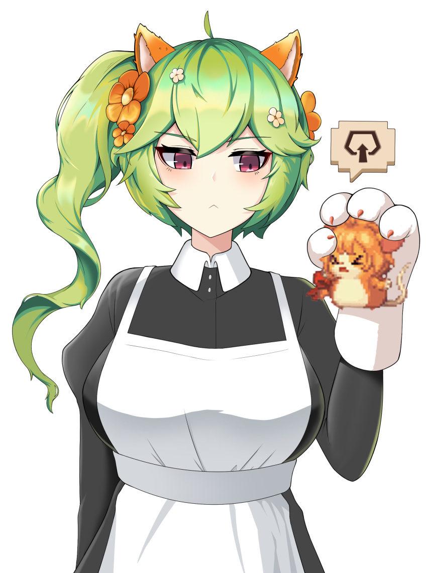 2girls, :<, absurdres, ahoge, animal_ears, animal_hands, apron, bails