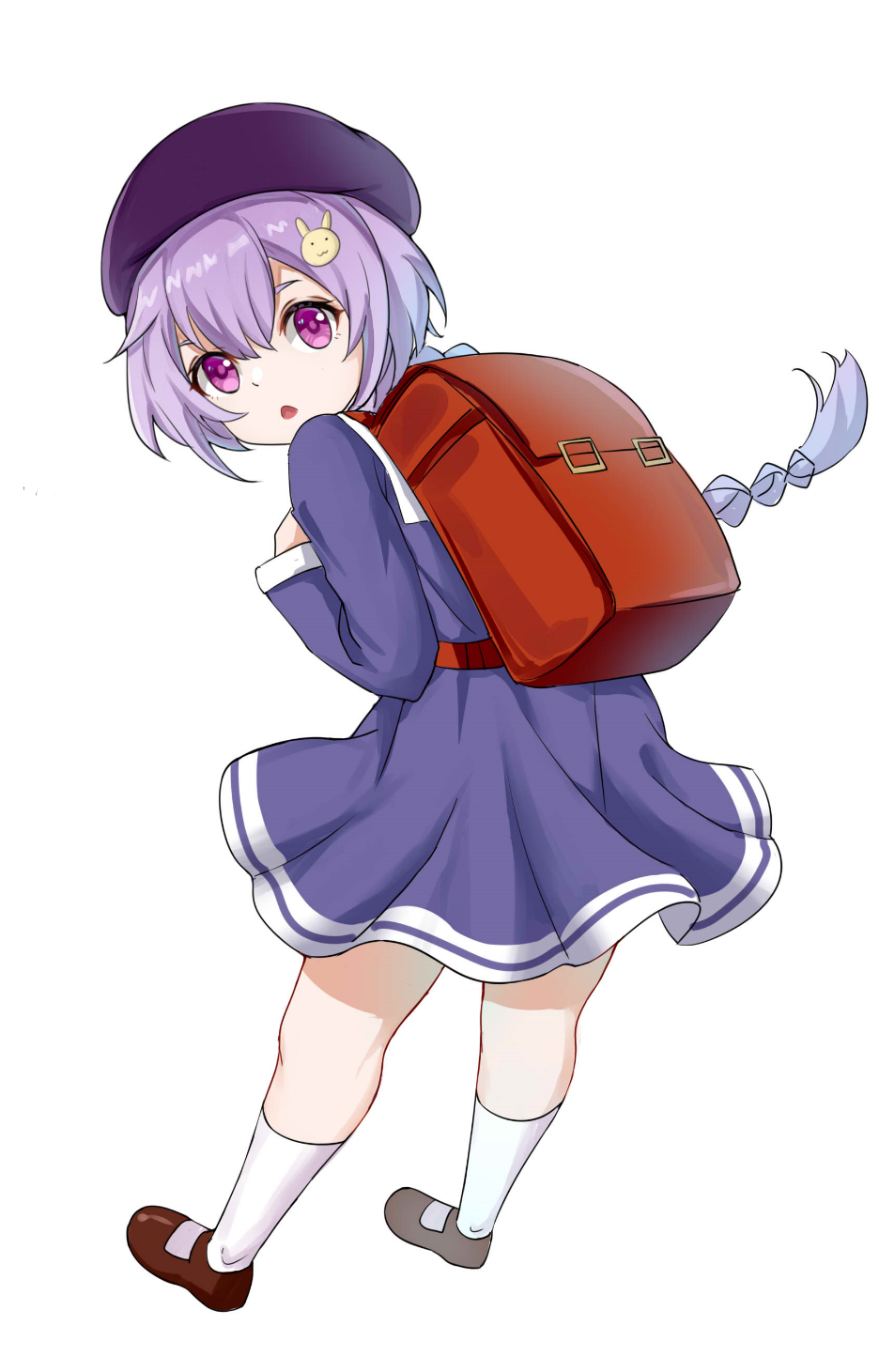 1girl, :o, alternate_costume, backpack, bag, beret, brown_footwear, commentary_request