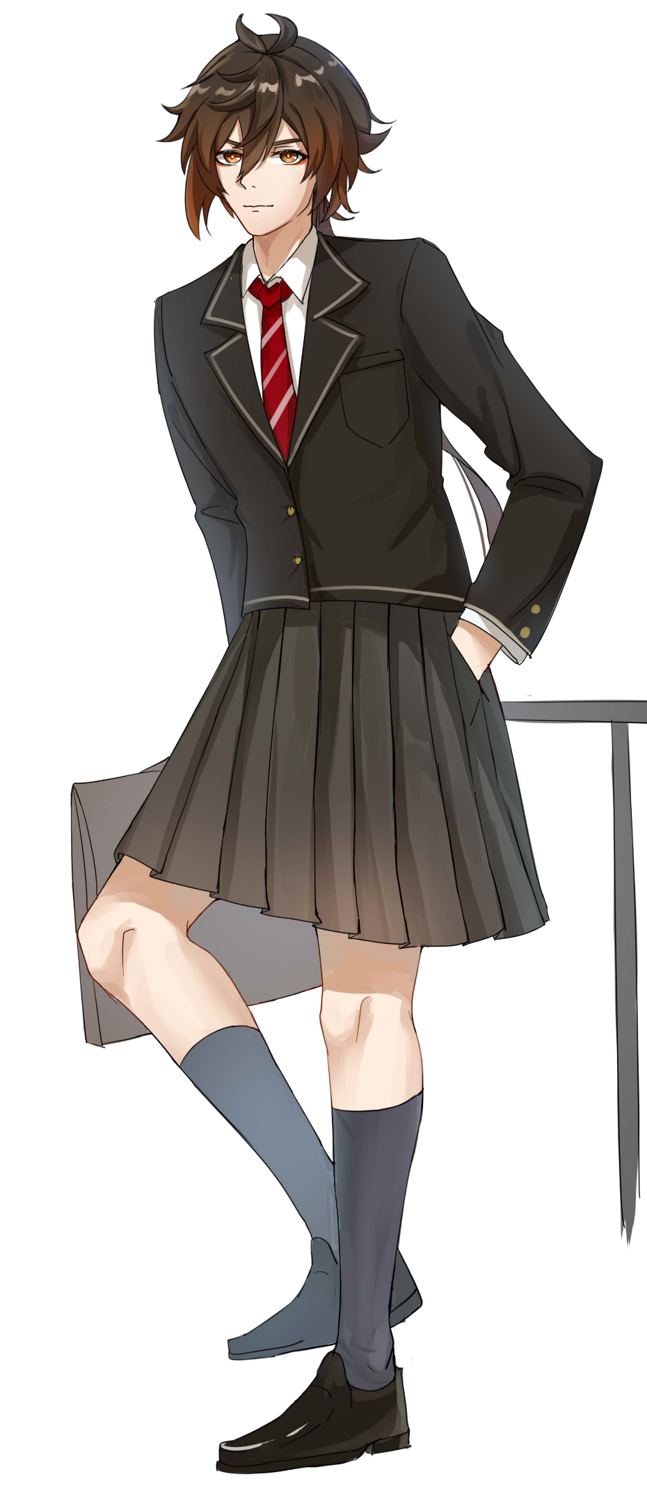 1girl, alternate_costume, bag, black_footwear, black_hair, black_jacket, black_legwear, commentary_request