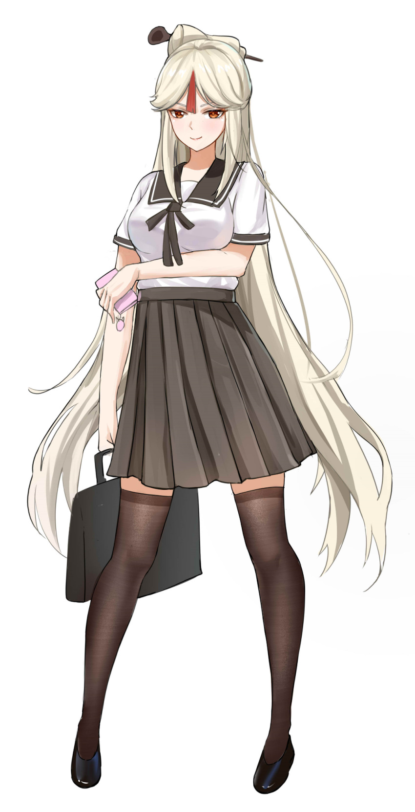 1girl, alternate_costume, bag, black_footwear, black_legwear, blush, commentary_request, genshin_impact
