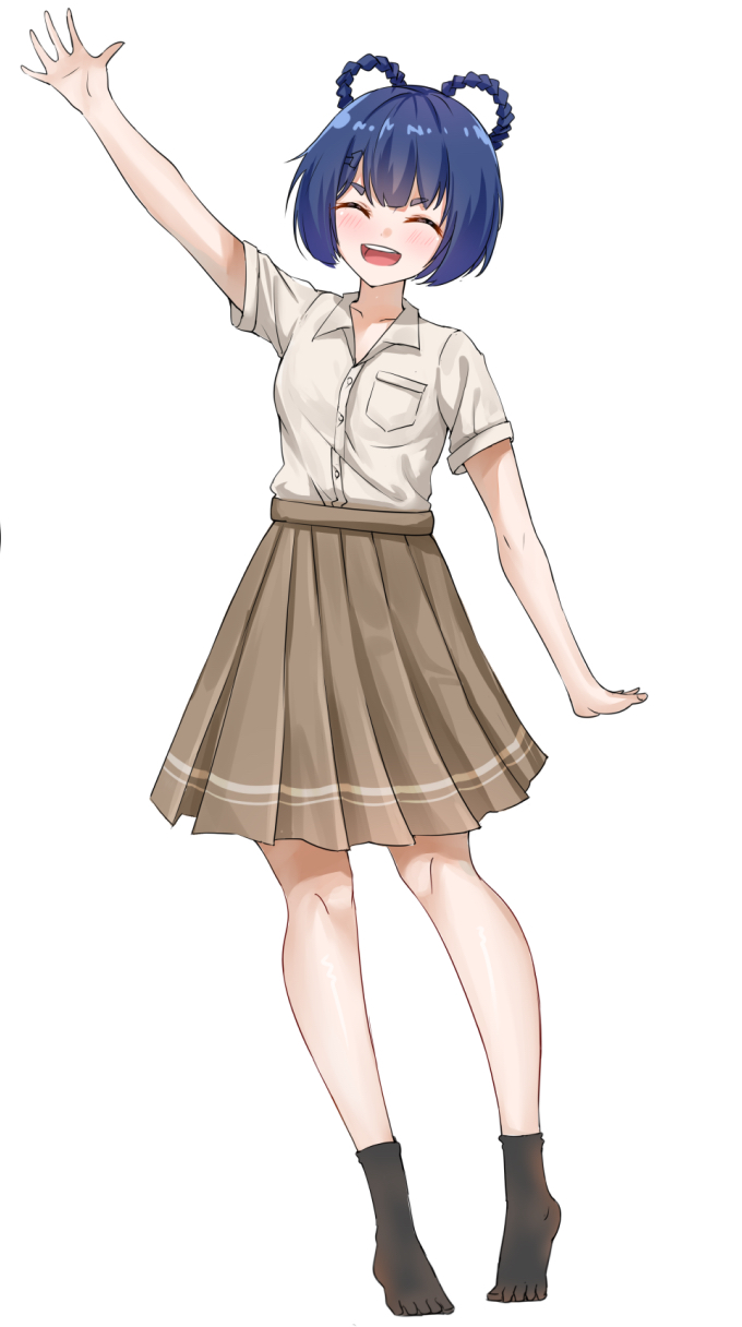 1girl, :d, black_legwear, blue_hair, blush, braid, brown_skirt, closed_eyes