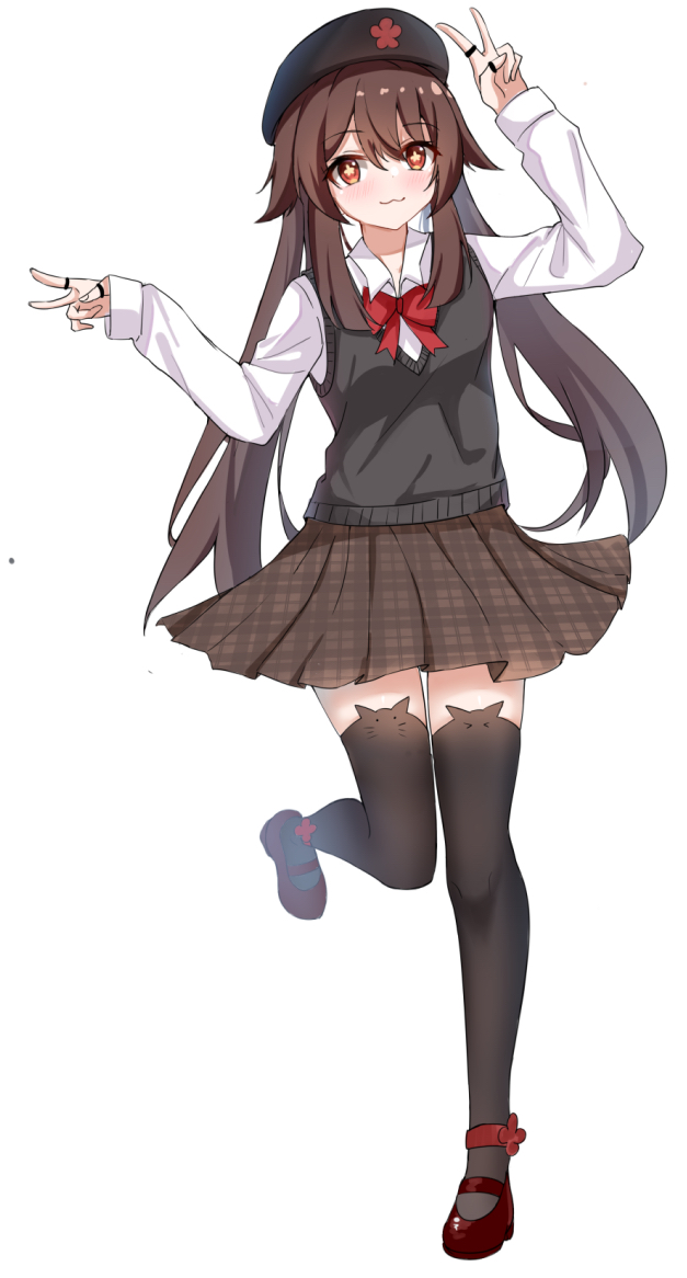 1girl, :3, beret, black_headwear, black_legwear, black_vest, blush, bow, bowtie, brown_hair, brown_skirt, commentary_request, double_v, eyebrows_visible_through_hair, genshin_impact, gerbone23, hat, hu_tao_(genshin_impact), jewelry, leg_up, long_hair, long_sleeves, multiple_rings, plaid, plaid_skirt, red_bow, red_eyes, red_footwear, red_neckwear, ring, school_uniform, shirt, shoes, simple_background, skirt, solo, star-shaped_pupils, star_(symbol), symbol-shaped_pupils, thigh-highs, thumb_ring, twintails, uniform, v, vest, vest_over_shirt, white_background, white_shirt, zettai_ryouiki