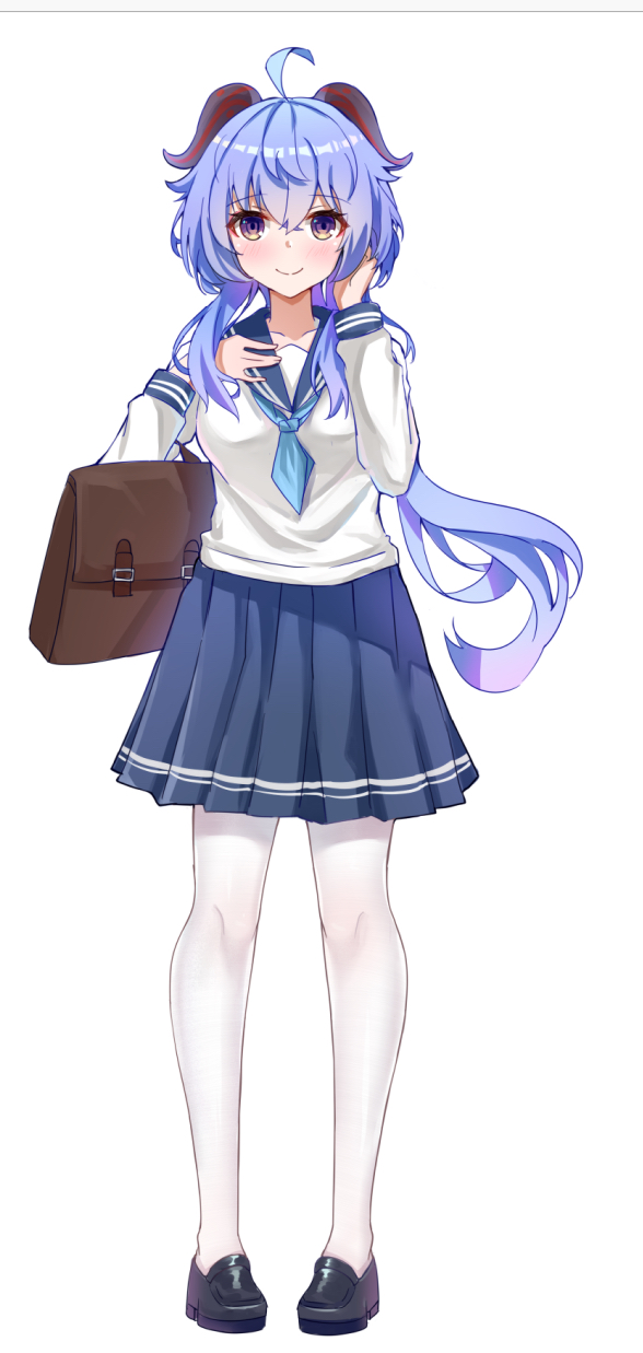 1girl, ahoge, alternate_costume, bag, black_footwear, black_horns, blue_hair, blue_skirt