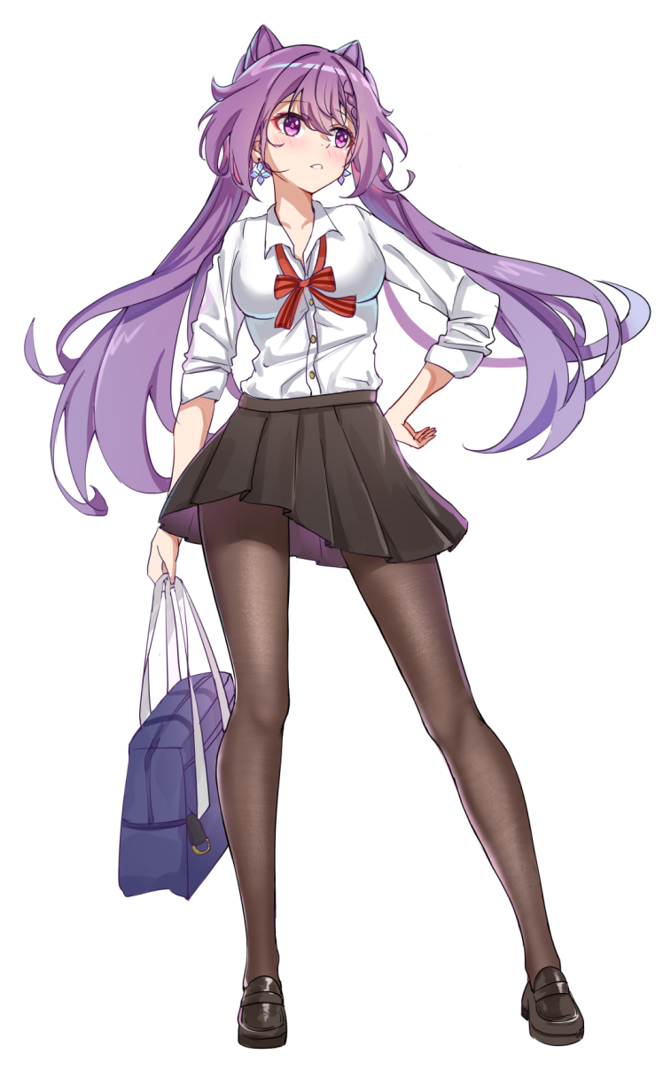 1girl, alternate_costume, bag, black_footwear, black_legwear, black_skirt, blush, bow