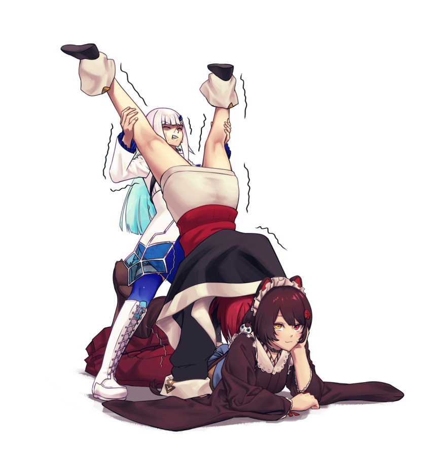 1girl, 3girls, :3, ange_katrina, animal_ears, bangs, black_jacket, blue_hair, boots, brown_kimono, closed_eyes, dog_ears, dog_girl, dog_hair_ornament, feather_hair_ornament, feathers, frilled_kimono, frills, gradient_hair, hair_ornament, heterochromia, highres, holding_person, inui_toko, jack-o'_challenge, jacket, japanese_clothes, kimono, lize_helesta, long_hair, looking_at_viewer, maid_headdress, multicolored_hair, multiple_girls, nijisanji, parody, red_eyes, red_sweater, redhead, smile, solo_focus, sweater, trembling, virtual_youtuber, wa_maid, white_footwear, white_hair, white_jacket, yellow_eyes, yoshino_(laencl)