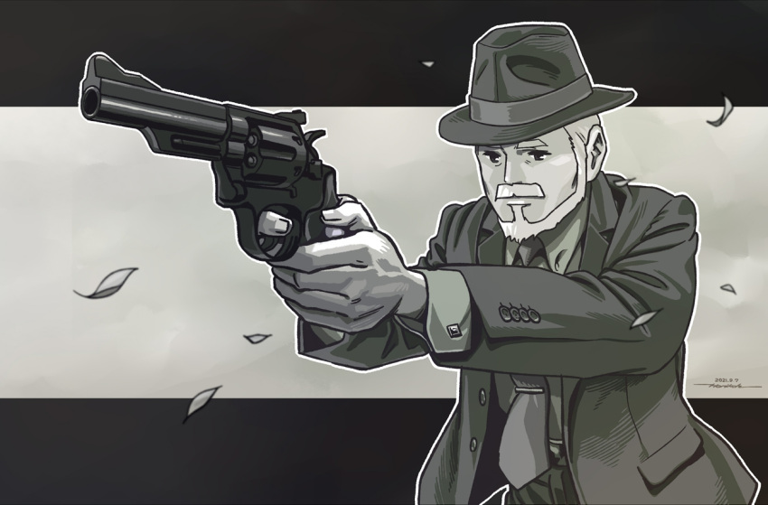 1boy, aiming, artist_name, commentary, dated, facial_hair, greyscale, gun