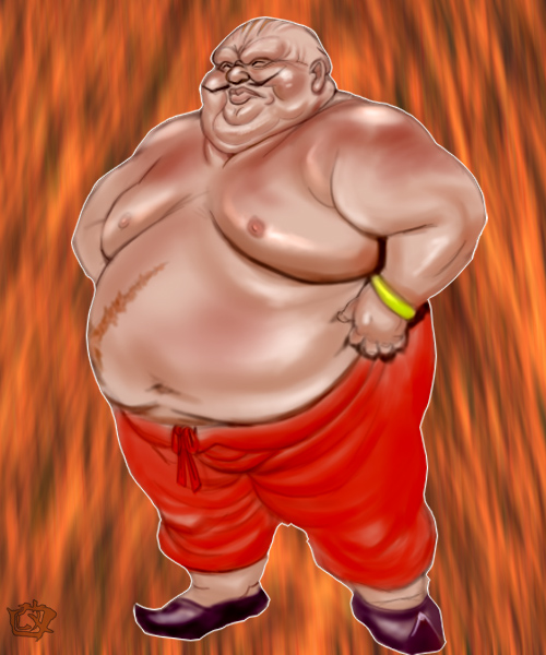 artist_request, bald, bracelet, cankles, data_east, fat, jewelry, karnov, lips, male, mustache, navel, nipples, scar, solo
