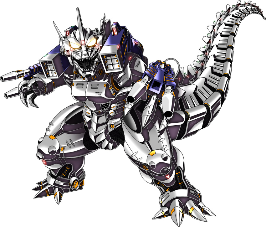 arm_cannon, chibi, glowing, glowing_eyes, godzilla_(series), heyzan, highres, mecha, mechagodzilla, no_humans, open_mouth, science_fiction, sharp_teeth, solo, teeth, weapon, white_background, yellow_eyes