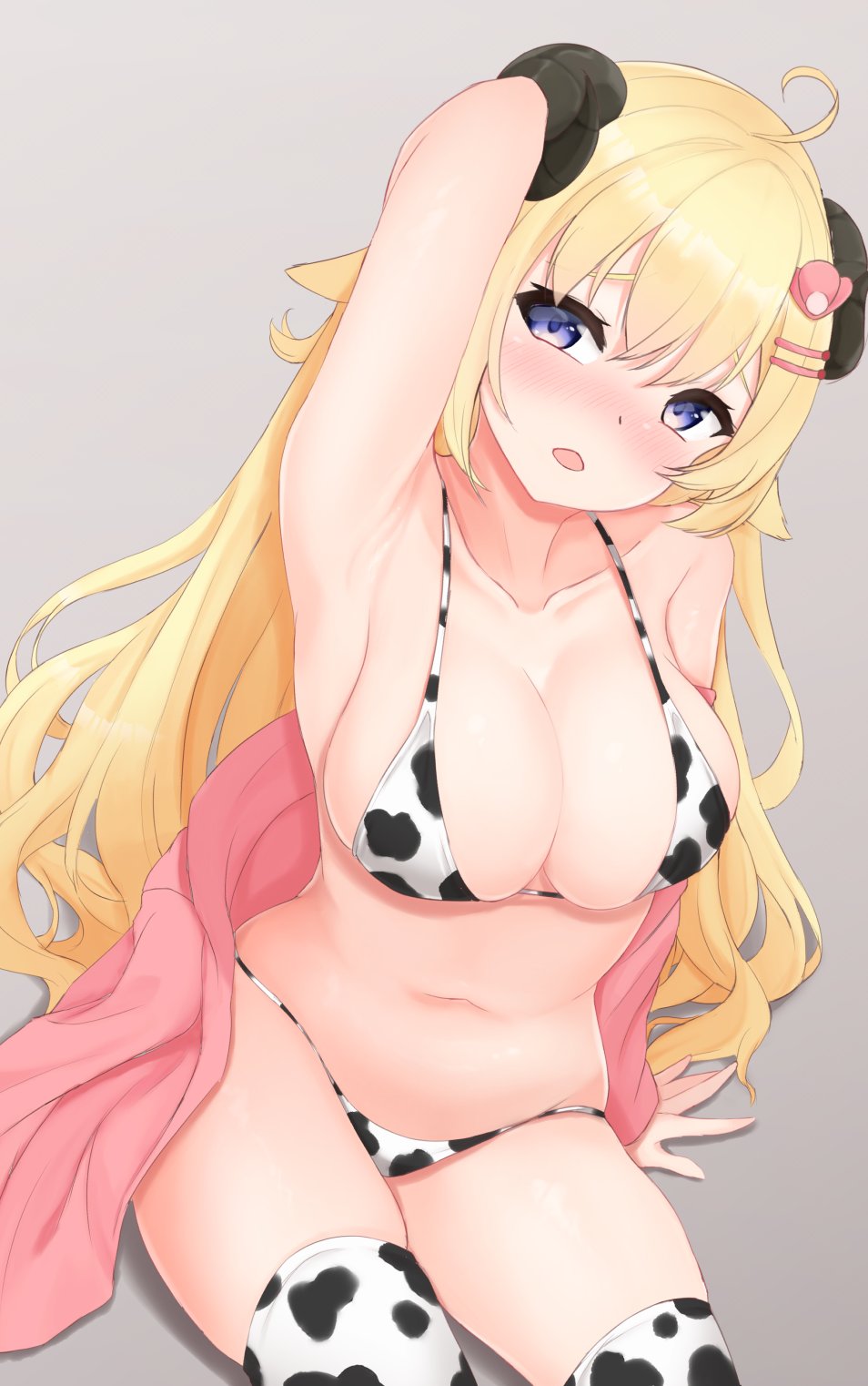 1girl, animal_print, armpits, bikini, bikini_bottom, bikini_top, blonde_hair, blush, breasts, collarbone, cow_print, grey_background, hair_ornament, hairclip, highres, hololive, horns, jacket, jacket_removed, large_breasts, long_hair, meemo, midriff, navel, open_mouth, sheep_girl, sheep_horns, simple_background, solo, swimsuit, thigh-highs, tsunomaki_watame, violet_eyes, virtual_youtuber, zettai_ryouiki