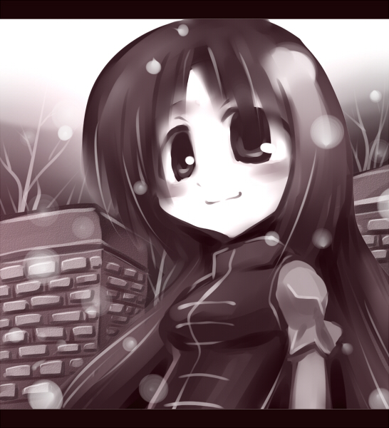 blush, brick_wall, chibi, chinese_clothes, hong_meiling, letterboxed, long_hair, monochrome