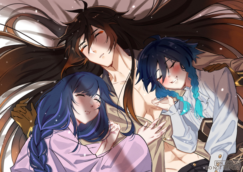 1girl, 2boys, androgynous, artist_name, bangs, bed_sheet, black_hair, blue_hair, blush, braid, brown_hair, closed_eyes, collared_shirt, commentary, corset, english_commentary, eyeliner, frilled_sleeves, frills, genshin_impact, gradient_hair, long_hair, long_sleeves, lying, makeup, mole, mole_under_eye, multicolored_hair, multiple_boys, on_back, on_side, open_mouth, orange_hair, parted_lips, purple_hair, raiden_shogun, rin_(rin_gosan), shirt, short_hair_with_long_locks, sidelocks, sleeping, smile, toned, toned_male, twin_braids, venti_(genshin_impact), white_shirt, wide_sleeves, zhongli_(genshin_impact)