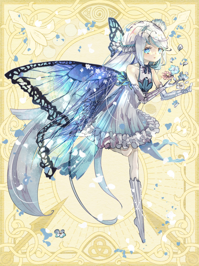 1girl, absurdly_long_hair, blue_eyes, breasts, bug, butterfly, butterfly_wings, chain_paradox