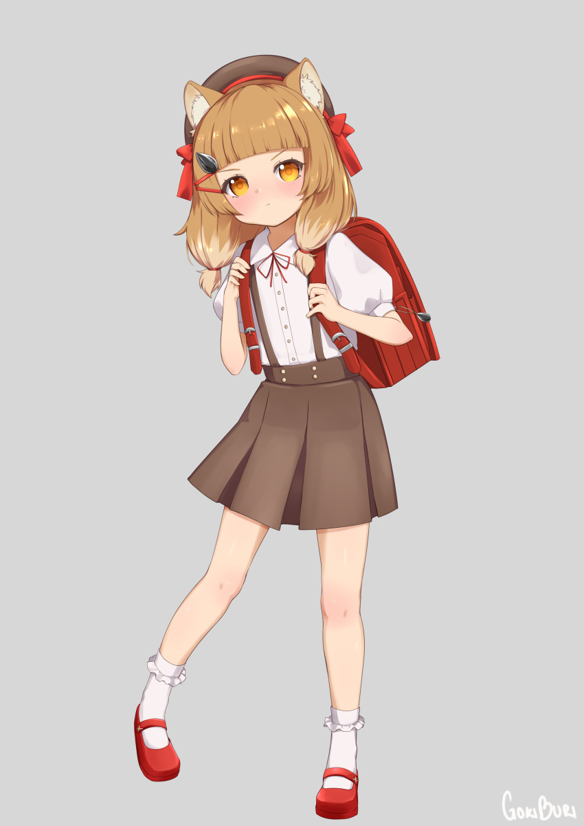 1girl, absurdres, animal_ear_fluff, animal_ears, backpack, bag, bangs, blunt_bangs, brown_eyes, brown_hair, brown_headwear, brown_skirt, full_body, goki_buri, grey_background, hair_ornament, hairclip, hat, highres, mary_janes, original, pout, randoseru, red_footwear, school_uniform, seed_hair_ornament, shirt, shoes, short_hair, short_sleeves, simple_background, skirt, solo, squirrel_ears, squirrel_girl, suspender_skirt, suspenders, white_shirt