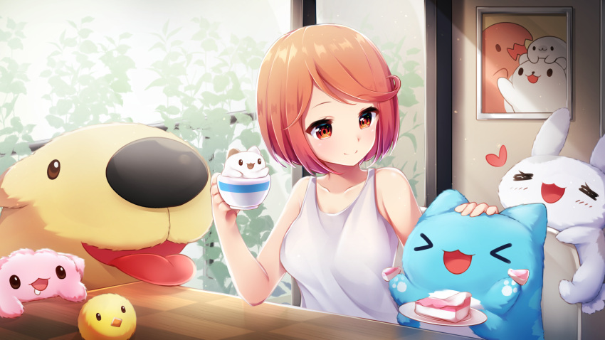 >_<, 1girl, :d, bangs, bare_shoulders, bugcat, cake, cake_slice, chinese_commentary, cup, dog, food, framed, furball, headpat, heart, highres, holding, holding_cup, open_mouth, original, parted_bangs, parted_lips, paw_print, plant, portrait, rabbit, red_eyes, redhead, saliva, shirt, short_hair, smile, solo, tank_top, teacup, tongue, tongue_out, umou_(may65879), upper_body, white_shirt, xd