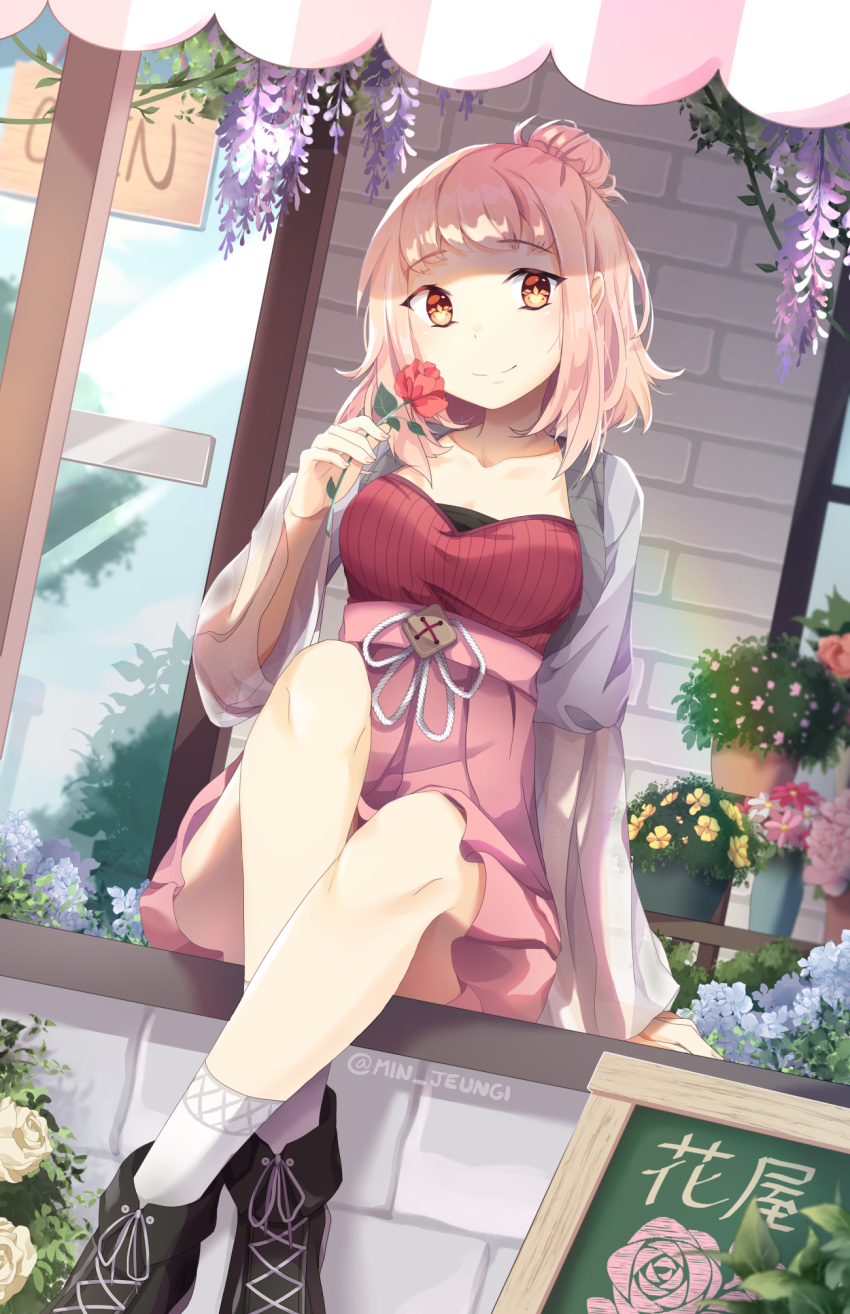 1girl, artist_name, bangs, black_footwear, blouse, crossed_ankles, dutch_angle, florist, flower, grey_blouse, hair_bun, highres, holding, holding_flower, jeungi, looking_at_viewer, orange_background, original, pink_hair, pink_skirt, plant, pleated_skirt, potted_plant, red_shirt, ribbed_shirt, shirt, shoes, sign, sitting, skirt, smile, socks, solo, storefront, white_legwear