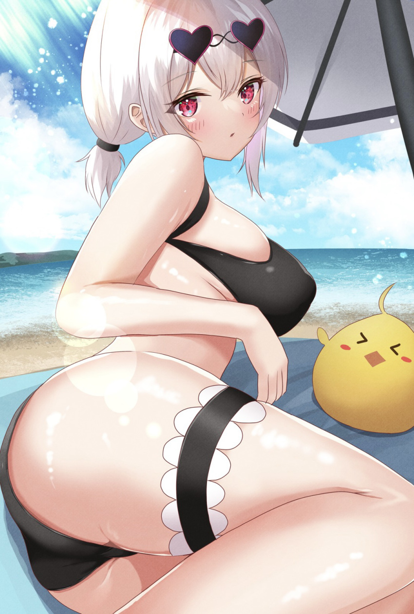 1girl, ahoge, ass, azur_lane, bare_legs, bare_shoulders, beach, beach_towel