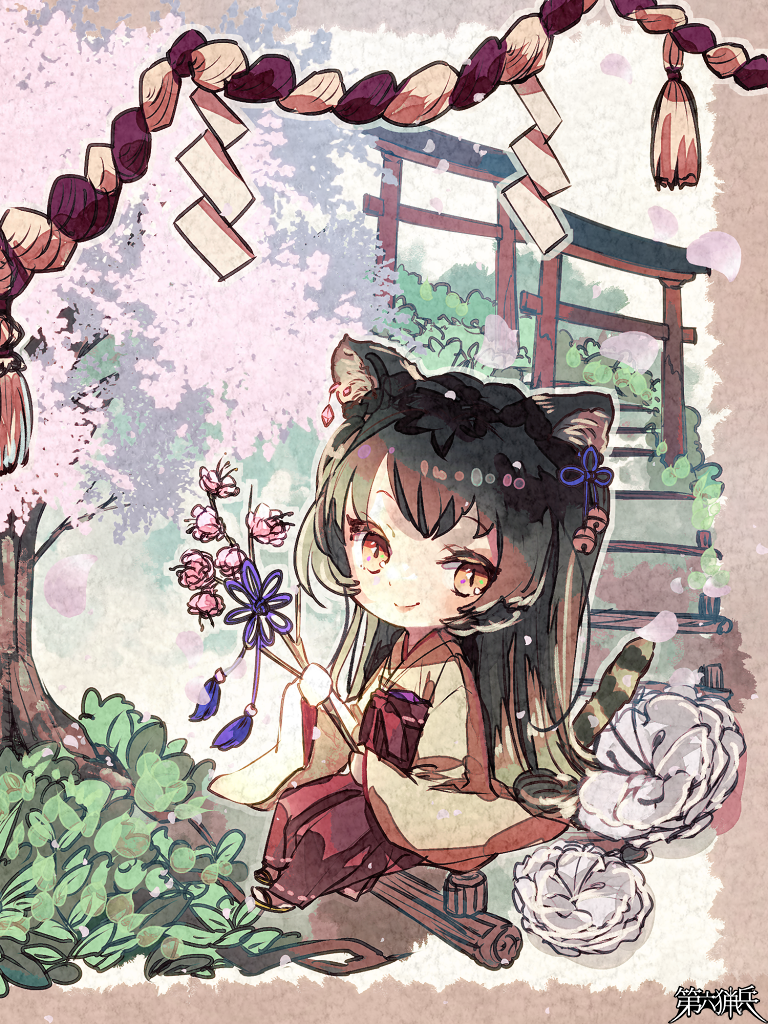 1girl, animal_ears, black_hair, brown_eyes, cat_ears, cherry_blossoms, chibi, dairoku_youhei