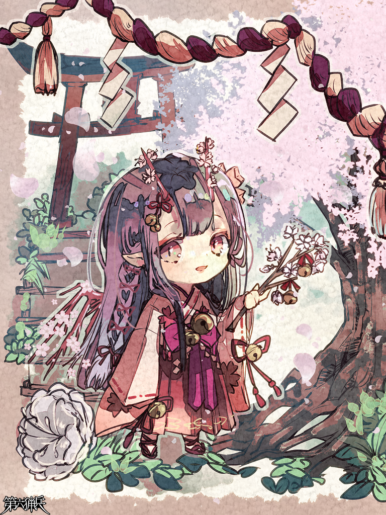 bell, black_hair, cherry_blossoms, chibi, copyright_name, dairoku_youhei, flower, harenochi_hareta