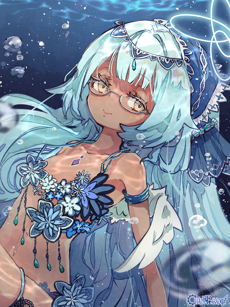 1girl, angel, angel_wings, brown_eyes, bubble, caustics, chain_paradox, copyright_name, dark-skinned_female, dark_skin, flower, glasses, harenochi_hareta, light_blue_hair, looking_at_viewer, midriff, official_art, smile, underwater, upper_body, white_wings, wings