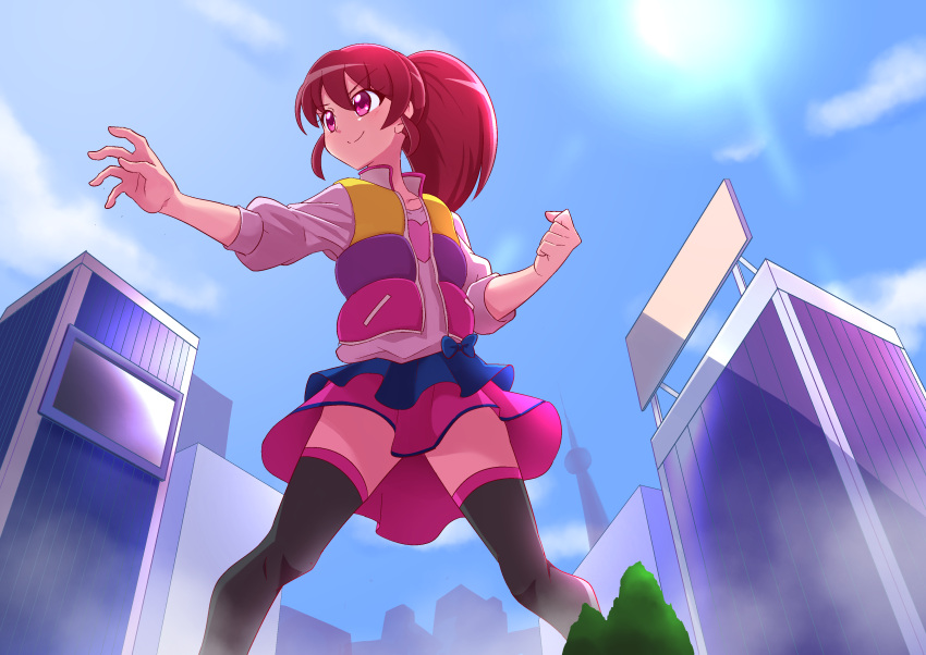1girl, absurdres, aino_megumi, black_legwear, blue_sky, building, city, closed_mouth