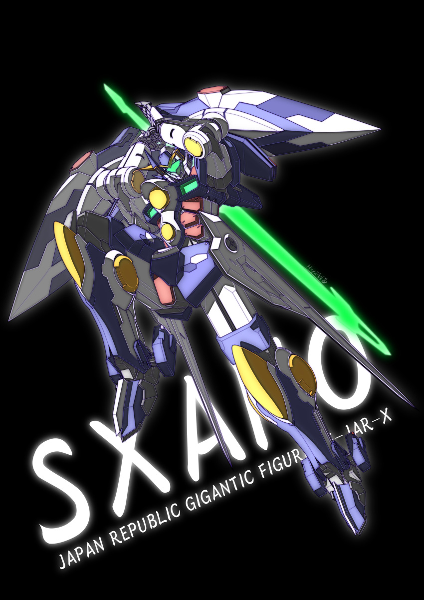 absurdres, black_background, character_name, energy_sword, heyzan, highres, holding, holding_sword, holding_weapon, kishin_taisen_gigantic_formula, looking_down, mecha, no_humans, science_fiction, solo, sword, sxano-x, v-fin, visor, weapon