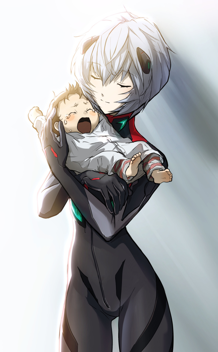 2girls, absurdres, ayanami_rei, baby, baby_carry, bangs, barefoot, black_bodysuit