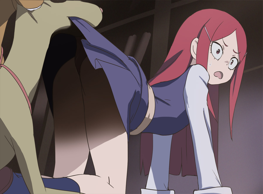 1girl, all_fours, ass, breasts, dog, dress, hair_ornament, hairclip, haruyama_kazunori, little_witch_academia, long_hair, luna_nova_school_uniform, open_mouth, red_eyes, redhead, sarah_bernard, school_uniform, skirt, sweatdrop