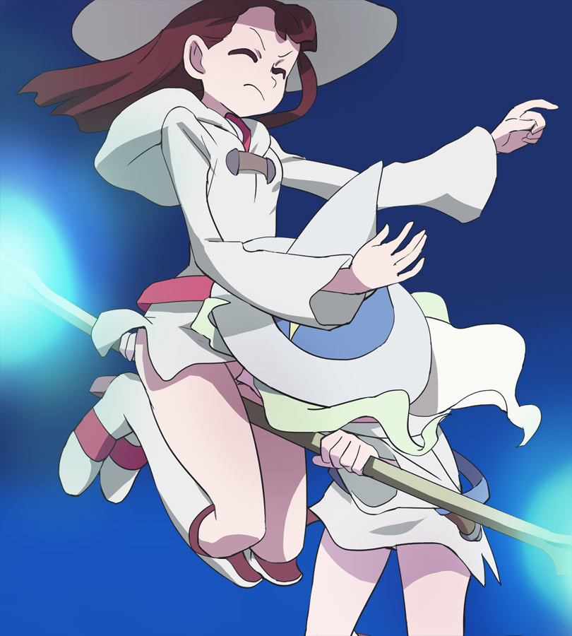 2girls, boots, brown_hair, closed_eyes, closed_mouth, diana_cavendish, haruyama_kazunori, hat