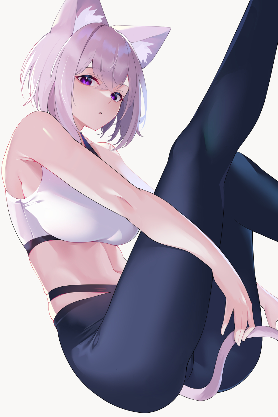 1girl, alternate_costume, animal_ears, bangs, black_pants, bra, breasts, cat_ears