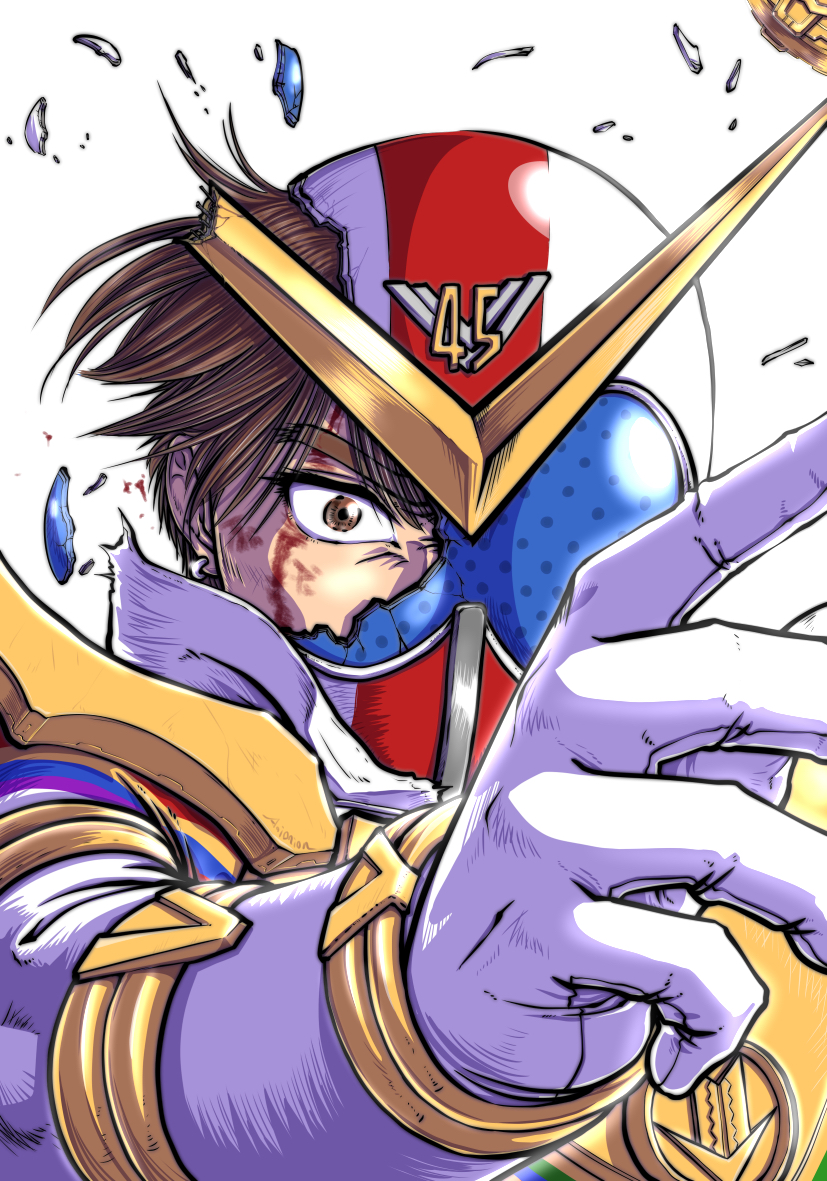1boy, aoi_onion, brown_eyes, brown_hair, damaged, floating_hair, gloves, goshikida_kaito, helmet, kikai_sentai_zenkaiger, looking_at_viewer, male_focus, solo, super_sentai, tokusatsu, v-fin, visor, white_background, white_gloves, zenkaizer