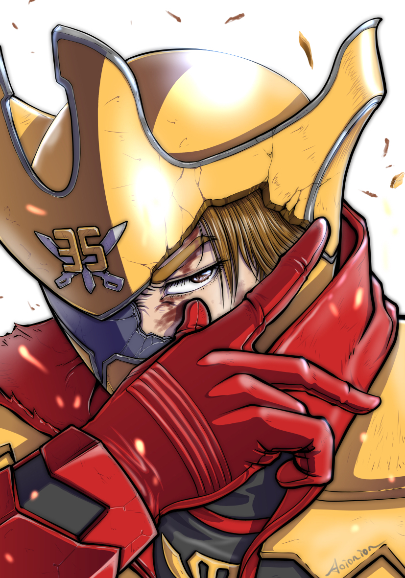 1boy, aoi_onion, blonde_hair, blood, blood_on_face, damaged, gloves, helmet