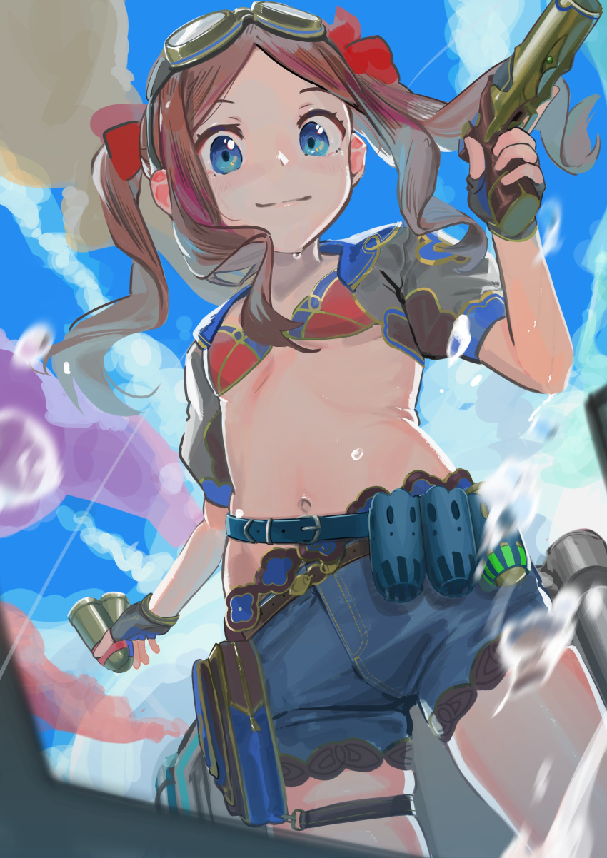 1girl, absurdres, bangs, bikini, bikini_top, blue_eyes, blue_shorts, blue_sky